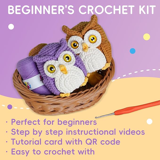 LUDOTEK Crochet Kit for Beginners, Crochet Animal Kits,Crocheting Kit for Starters with Step-by-Step Video Tutorials, Beginner Crochet Kits for Adults(2 Pack owl)