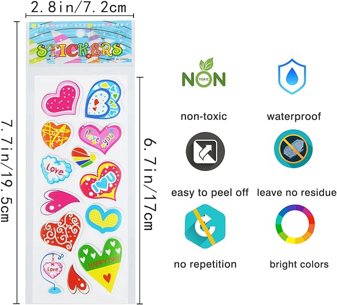 24 sheets(350+) heart 3d puffy stickers for toddlers kids, bulk preschool sticker sheets for reward, craft, scrapbooking