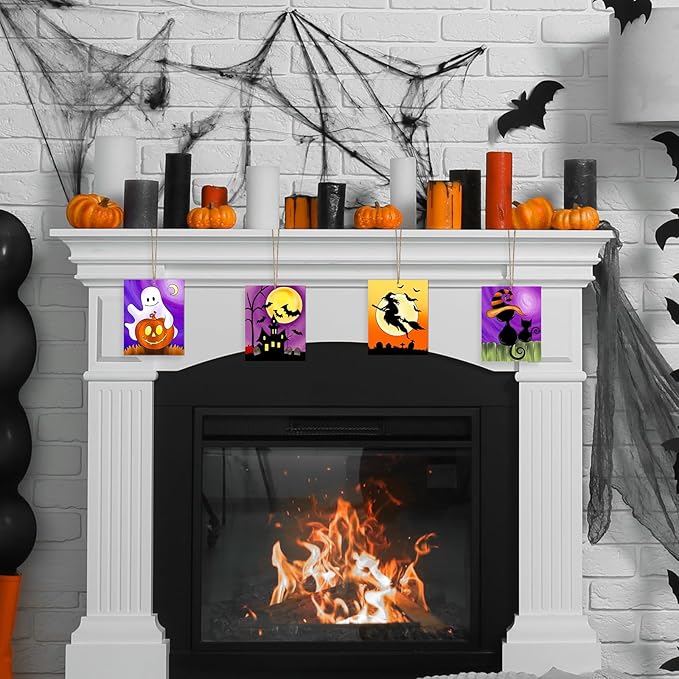 COCHIE 10PCS Large Halloween Unfinished Wood Crafts to Paint for Adults, Bulk Predrilled Wooden Ornaments for Painting, Ghost Witch Bats Paintable Wood Slices Craft Supplies with Ropes