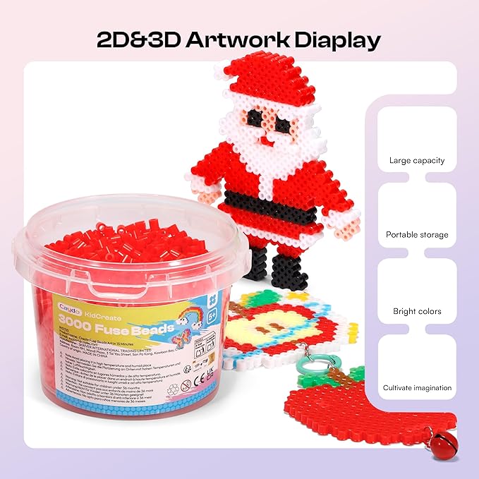 Caydo 3000PCS 5mm Red Fuse Beads, Craft Kit for Kids & Adults, DIY Pixel Art Projects, Durable Plastic Jar with Storage for Jewelry, Keychains, and Creative Crafts