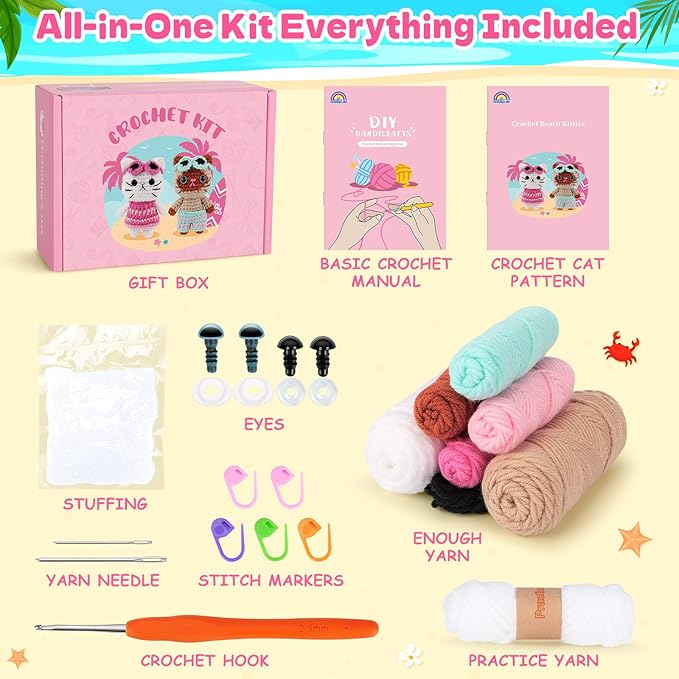 Fortuning's JDS Crochet Kit for Beginners, Couple Cat Crochet Kit for Beginners Adults Kids, Crochet Cat Kit with Step-by-Step Video Tutorials, Creative Handmade Crochet Gifts for Cat Lovers