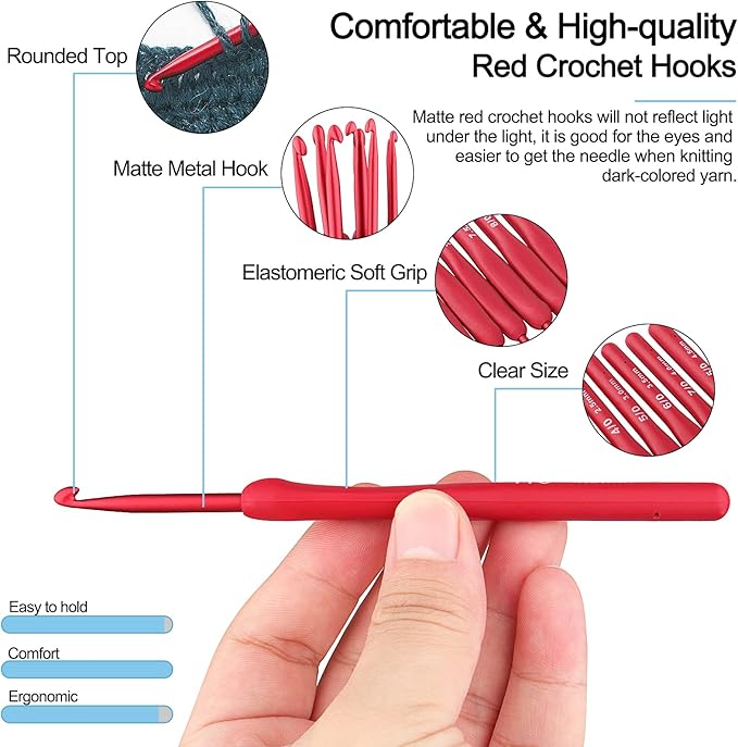 Coopay Red Crochet Hooks Ergonomic Crochet Hook Set, 9PCS Soft Touch Aluminum Crochet Needle for Arthritic Hands, 2.0-6.0mm Crochet Kit for Beginners/Professionals, Exquisite Knitting Crochet Supplies