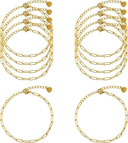 KYUNHOO 10 PCS 6.3 Inches Stainless Steel Paperclip Bracelet Chains Bulk Gold Plated 3MM Wide Paper Clip Chain for Jewelry Making with Extender