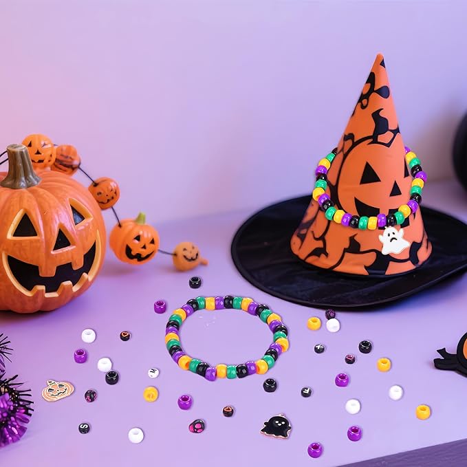 640 Pcs Halloween Bracelet Kit, Halloween Beads for Bracelets Jewelry Making Black Orange Purple White Pony Beads with Moon Charms for DIY Craft Necklace