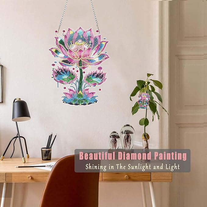 Masendp Hanging Diamond Art Decoration Kit 5D Diamond Painting Kit, DIY Lotus Series Themed Diamond Art Kit Suitable for Beginners and Adults, Home Wall and Garden Decoration
