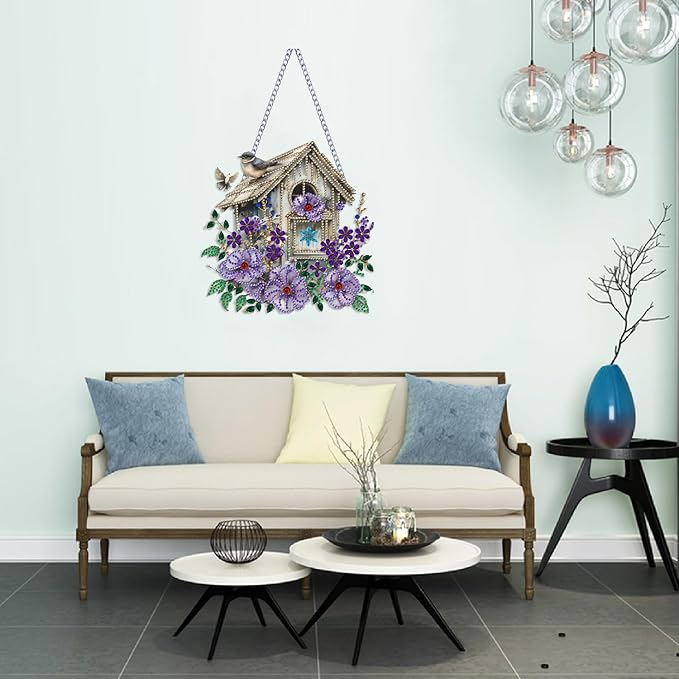Birdhouse Diamond Art Hanging Kit for Adult Flowers Bird,Special Shaped Rhinestone,DIY Acrylic 5D Diamond Art Painting Window Pendants Home Garden Wall Hanging Kits Hanging Ornament,Double-Sided