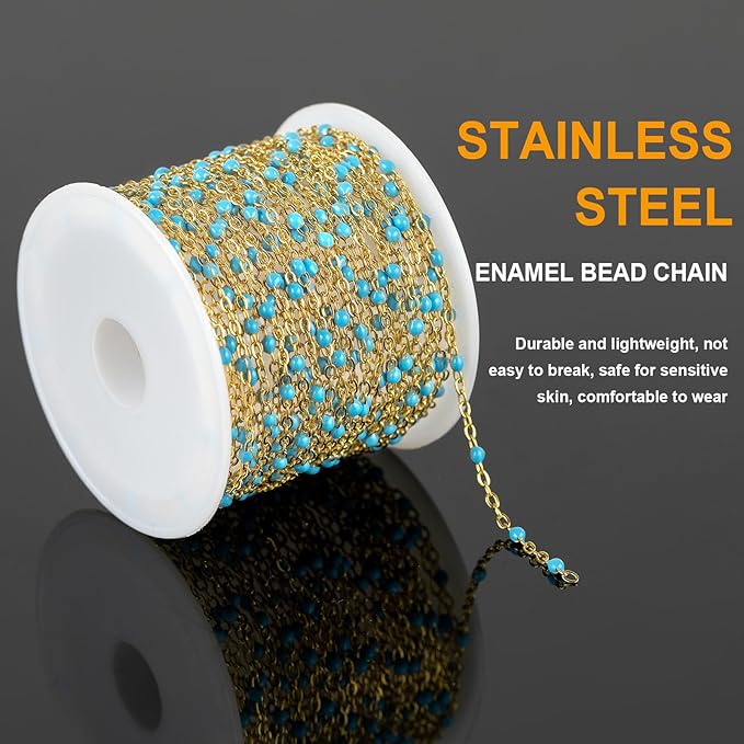 KYUNHOO Light Blue Beaded Chain Spool Gold Plated Jewelry Making Chain Necklace with Lobster Clasps and Jump Rings for Jewelry Crafts DIY Making Finding Supplies