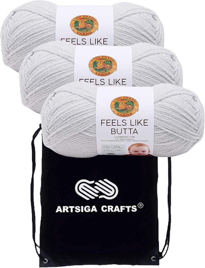 Lion Brand Feels Like Butta Pale Grey 215-149 (3-Skeins - Same Dye Lot) Worsted Medium #4 Polyester Yarn for Crocheting and Knitting with Project Bag