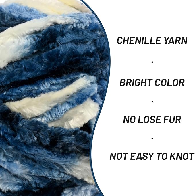 Fuzzy Chunky Chenille Yarn for Crocheting，Soft Plush Yarns for Hand Knitting，Bulky 3x100g（3x49.2 yd） Baby Blanket Yarn for Crocheting Amigurumi，Crochet Fluffy Velvet Yarns (3 Blue-White)