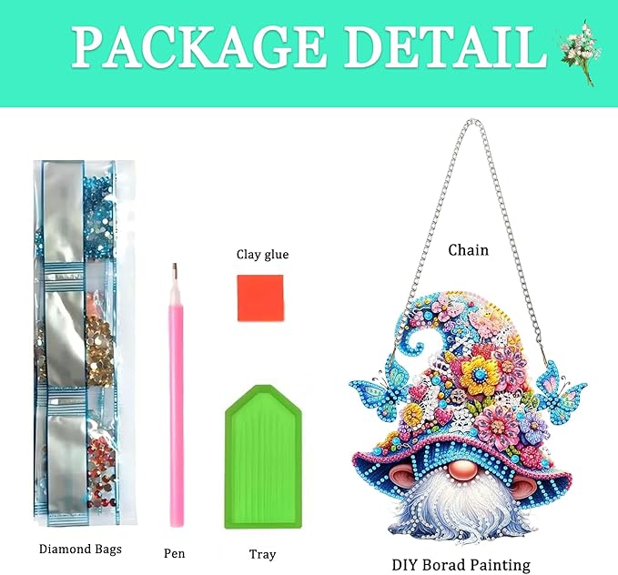 Auremi Gnome Diamond Art Pendant Kits,5D Flower Diamond Art Diamond Painting Hanging Kits,DIY Special Shaped Diamonds Painting Suncatcher Pendant Kit for Adults for Gift Wall Home Decor