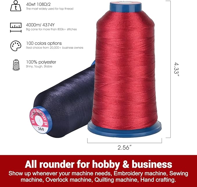 Richword Embroidery Thread 4 Rolls 4000M(4374Y) 40WT Polyester Thread for All Commercial Multi Needles and Single Needle Embroidery Machines,2Black+1White+1Red