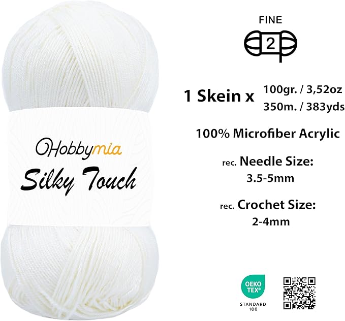 Silky Touch Acrylic Yarn - Soft Sport Weight Yarn for Crochet & Knitting - 100g / 383yds - 100% Microfiber Acrylic - Lightweight Fine Smooth Yarn(White - Sugar White, 1 Skein)