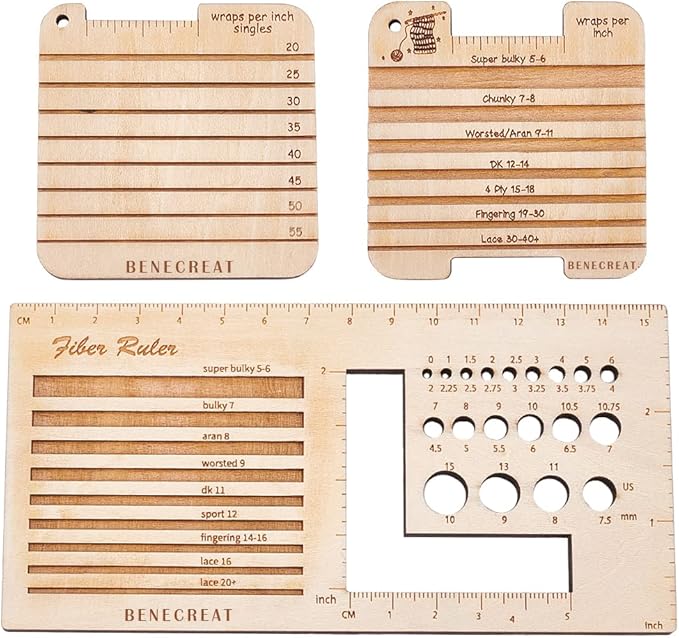 BENECREAT 3Pcs Knitting Needle Gauge Multifunctional Wood Spinning Control Card Knitting Tool for Spinners Yarn WPI Guide Gauge Measuring Tools Crochet Accessories