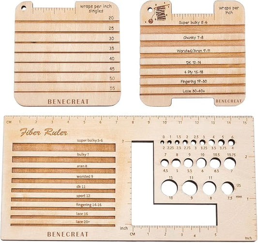 BENECREAT 3Pcs Knitting Needle Gauge Multifunctional Wood Spinning Control Card Knitting Tool for Spinners Yarn WPI Guide Gauge Measuring Tools Crochet Accessories