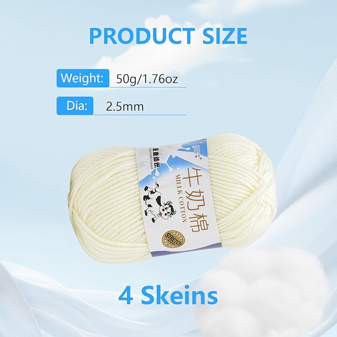 4 Rolls Comfy Blend Milk Wool Plain Knitting & Crochet Yarn Bulk Starter Kit for Colorful Craft DIY