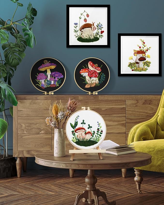 TINDTOP Embroidery Kit for Adult for Beginners, 9 Sets Hummingbird Butterfly Mushroom Flower Embroidery Kit for Beginners Include Embroidery Cloth Hoop Threads with Embroidery Skill Techniques
