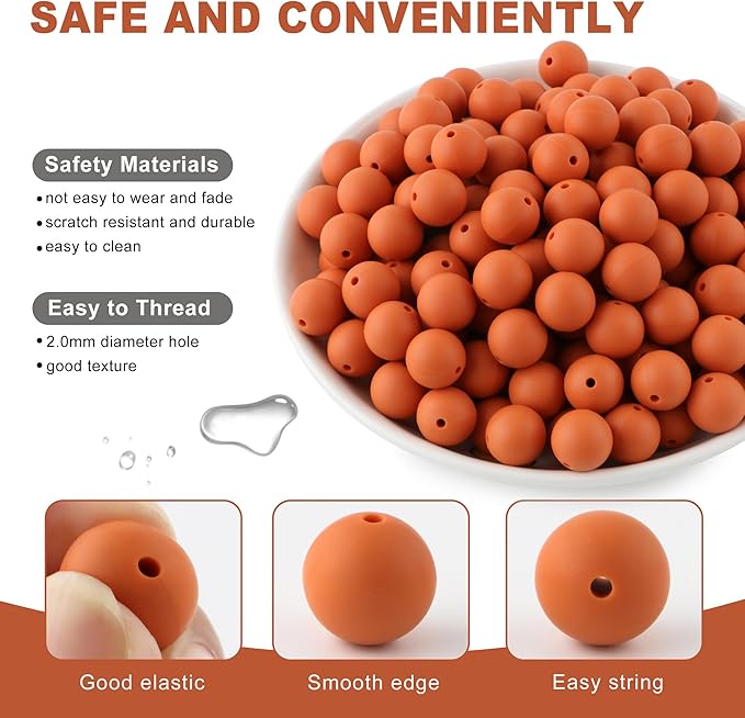 150Pcs 15mm Silicone Beads for Keychain Making Bracelet Necklace, Bulk Round Silicone Beads for Pens(Rust Brown)