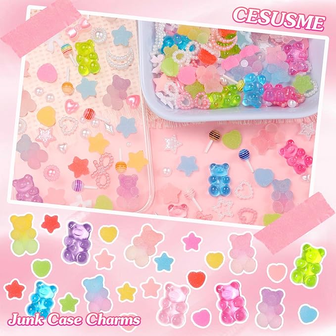 400 Pcs Candy Junk Case Charms Kit, Color Gummy Bear Lollipop Star Heart Charms for Junk Cases, Pink White Bow Moon Hearts Pearls Phone Case Charms, Assorted Slime Charms for DIY Crafts