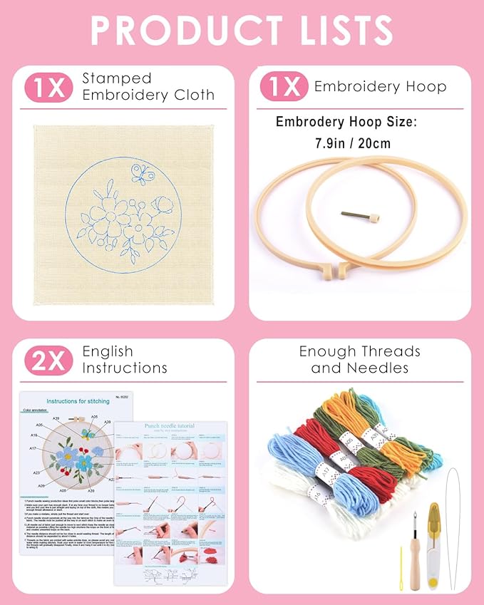 TINDTOP Punch Needle Embroidery Kits, Flowers Punch Needle Kits for Adults Beginner, Tool with Punch Needle Fabric, Hoops, Yarns and Sewing Needles (Set A)