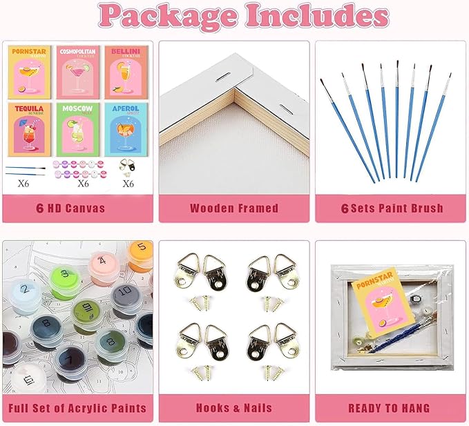 6 Pack Framed Cocktail Paint by Numbers Kit for Adults Beginner, DIY Acrylic Paint by Number Kits On Canvas, oil watercolor Painting kit , Arts and Crafts for Bar Party Room Wall Decor 8x12 inch