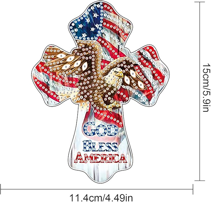 God Bless America Diamond Painting Hanging Ornament - Patriotic Cross with Eagle & American Flag - DIY 5D Diamond Art Kit with Chain - Independence Day Home Decor - Handmade Beaded Sun Catcher Gift