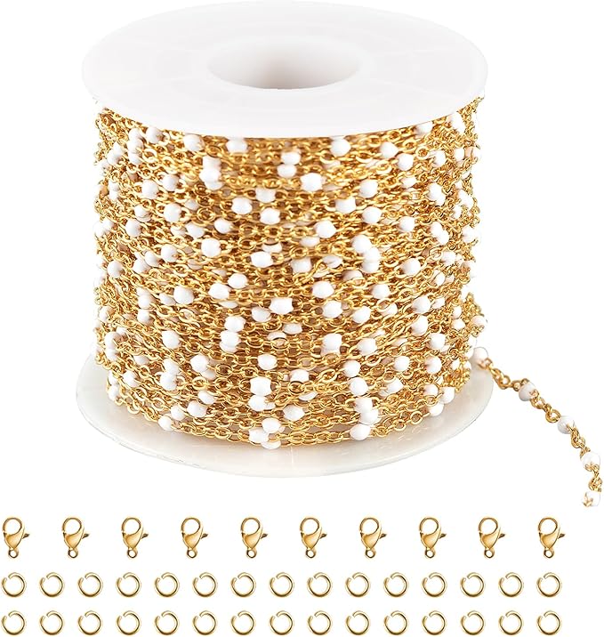 UMAOKANG 33 Feet Chains Bulk on Spool Gold Plated Stainless Steel White Bead Chain for Jewelry Making