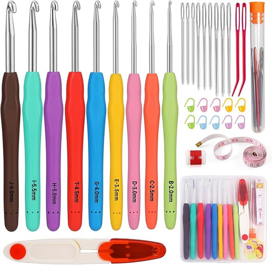 Mayboos 9 Sizes Crochet Hook Set, 34 Pack Crochet Hooks Yarn Needle Kits Knitting Needles with Ergonomic Handles for Crocheters Beginners 2.0mm~6.0mm