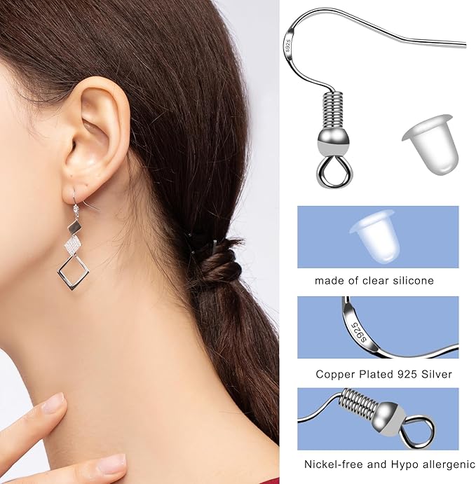 50 pcs/25 pairs 925 sterling silver earring hooks fish hook ear wires french wire hooks hypo-allergenic jewelry findings earring parts diy making with 50 pcs clear rubber earring safety backs