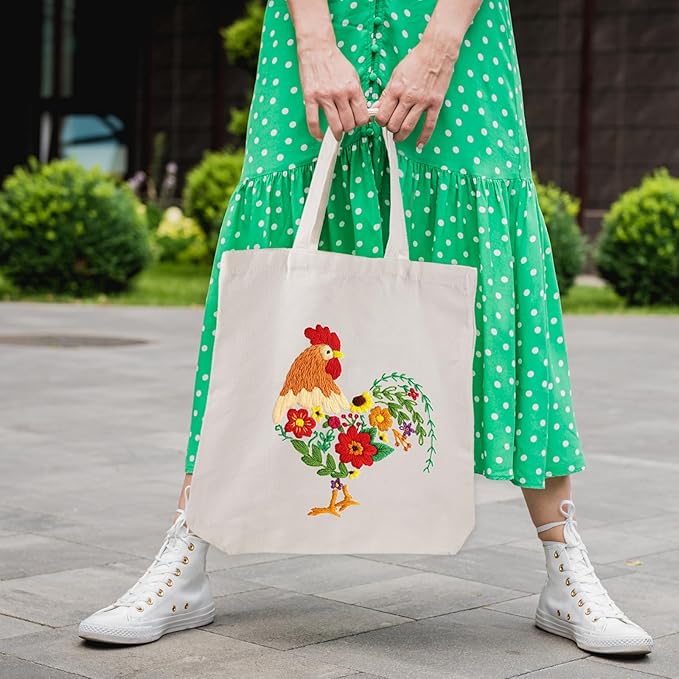 louise maelys embroidery kit canvas tote bag for beginners,cross stitch kits for adults,diy needlepoint include rooster and flower pattern,women shopping reusable grocery bags