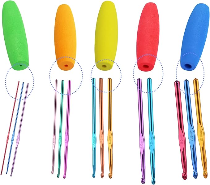 MEYAGO 5PCS Crochet Hook Grips Set Ergonomic Crochet Hook Handle Multi-Size Ergonomic Crochet Hook Handle Attachment - Fits 2mm to 10mm Hooks