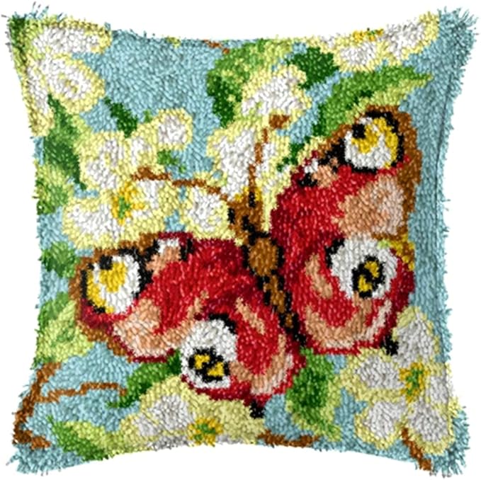 LAPATAIN Latch Hook Kits for DIY Throw Pillow Cover,Butterfly Needlework Cushion Cover Hand Craft Crochet 17x17inch