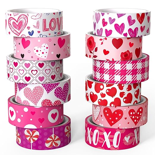 12 Rolls Love Heart Washi Tape Set, Pink Heart Floral Decorative Tape Red Purple XOXO Valentine Masking Tape for Journaling Supplies,Scrapbooking,Wedding Party, Planner,DIY Arts & Crafts