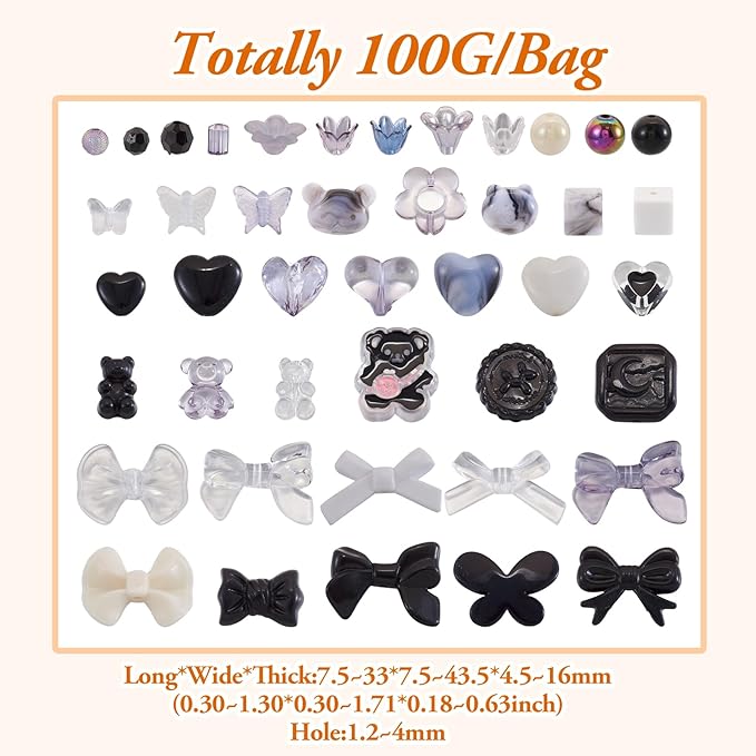 FASHEWELRY 1 Bag Cute Acrylic Beads Bulk Assorted Black Acrylic Beads Kawaii Aesthetic Bead Heart Bow Bear Bead Gothic Clear Pony Beading for Bracelets Necklace Making