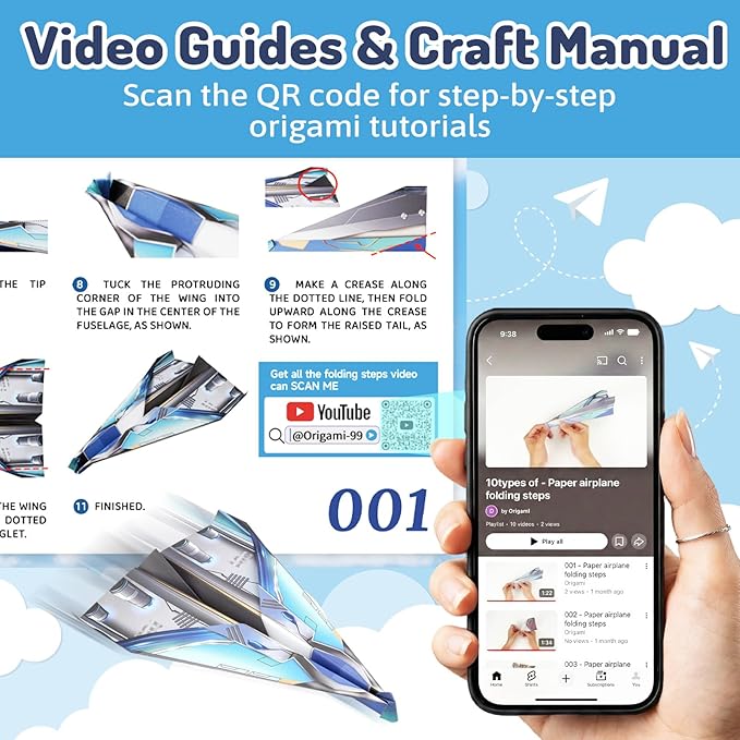 AluAbi 60 Sheets Paper Airplane Kits, Origami Paper Plane Kits for Kids Ages 6-8 8-12, Double Sided Colored Origami with Instructions Book & Video, Birthday Easter Crafts Airplane Gifts (Airplane)