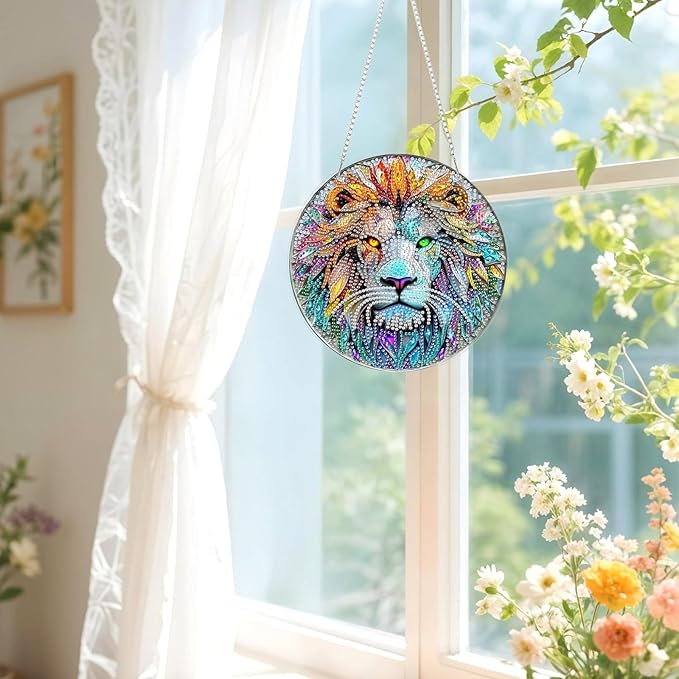 Lxmsja DIY Stained Glass Lion Diamond Painting Hanging Ornament, Double-Sided Acrylic Lion Diamond Art Kit, Special Shaped Suncatcher Hanging Pendant Window Art Kit 8x8 inch