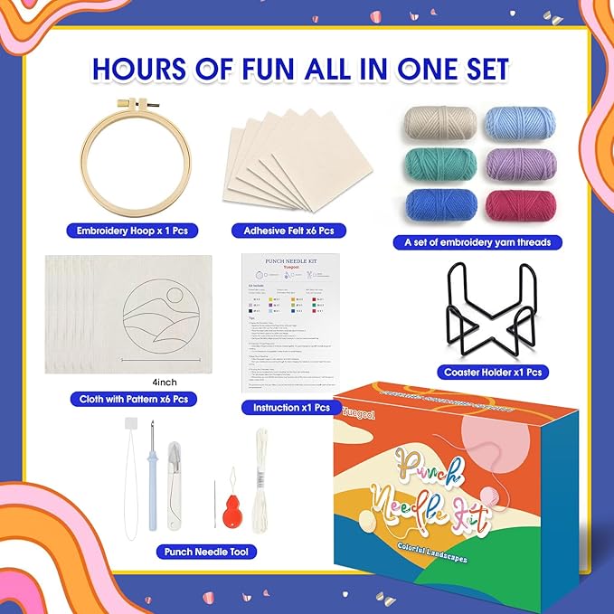yuegool 6PCS Landscapes Punch Needle Coasters Kit,Easy DIY Punch Needle Embroidery Kit for Beginners & Adults Including Patterns, Tools, Yarns, Hoop, Instruction, Coaster Holder Art Craft Supplies
