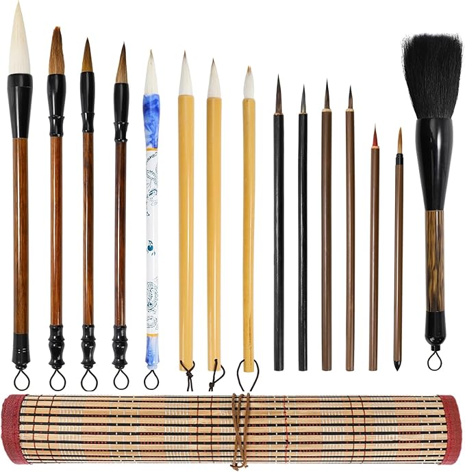 16 Pieces Chinese Calligraphy Brush Set, Sumi Brushes with Roll-up Bamboo Holder, Sturdy Japanese Watercolor Painting Writing Brushes, Kanji Art Drawing Brushes for Beginners