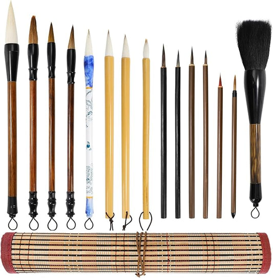16 Pieces Chinese Calligraphy Brush Set, Sumi Brushes with Roll-up Bamboo Holder, Sturdy Japanese Watercolor Painting Writing Brushes, Kanji Art Drawing Brushes for Beginners