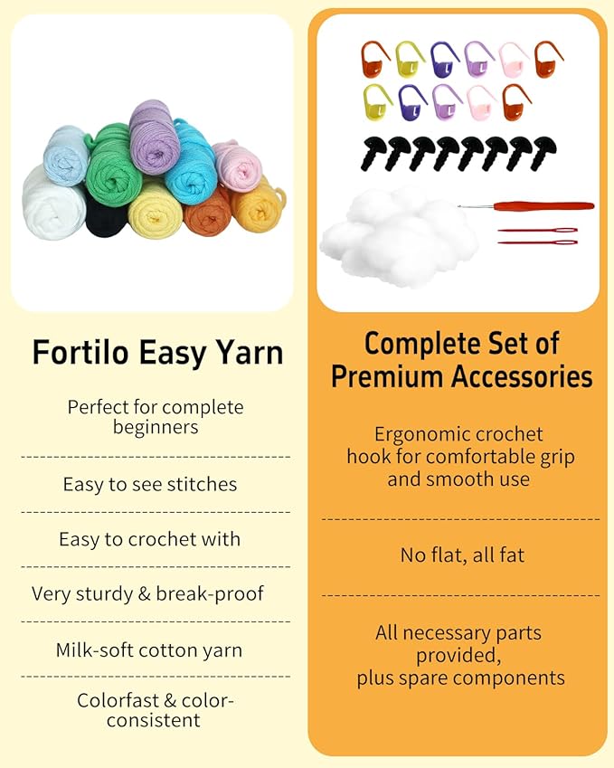 Fortilo Crochet Kit for Beginners 6PCS Crochet Animals Bookmarks with Step-by-Step Video Tutorials 30% Extra Yarn, Perfect for Gifts, Emotional Support, Ideal Knitting Kit for Adults, Kids