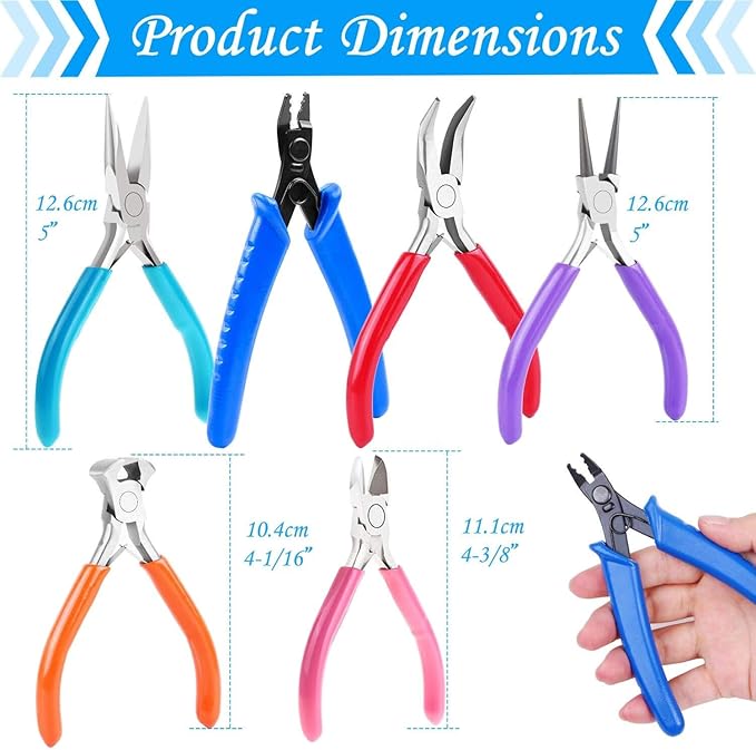 acejoz jewelry making tools kit: 6pc set, including needle round nose, wire cutters, crimper & end nippers for beading & craft