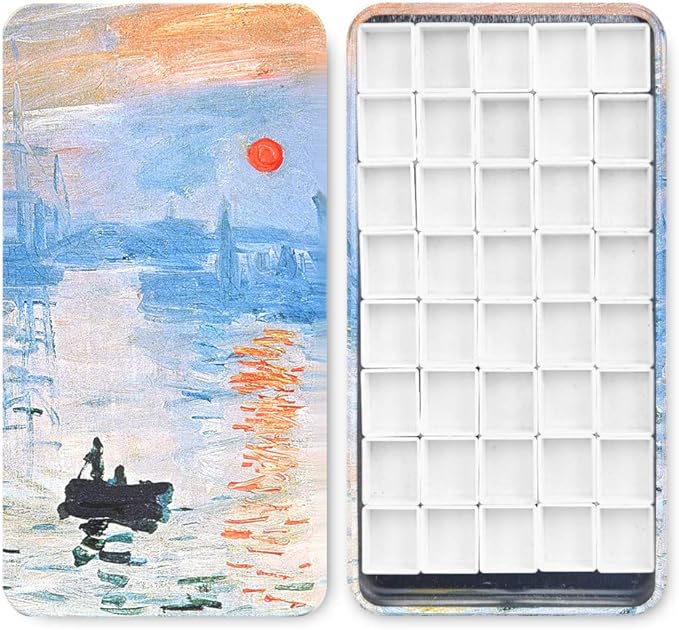 40Pcs Empty Half Pans with Magnetic Stripe Watercolor Paint Travel Tin Palette Case, Artist Paints Half Pan Kits for DIY Watercolor Oils or Acrylics Painting Art Drawing Sunrise, The Impression