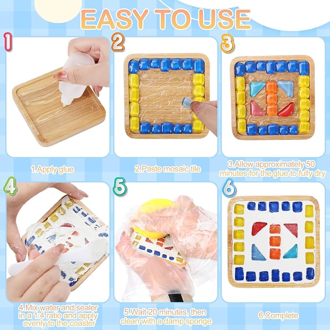 SAYAYA 4 Sets DIY Glass Mosaic Tiles for Crafts Mosaic Crafts Kit with Bamboo Coaster for Adults Glass Coasters Crafts Set for Handmade Home Christmas Halloween Birthday Decoration Gift (Square Set)