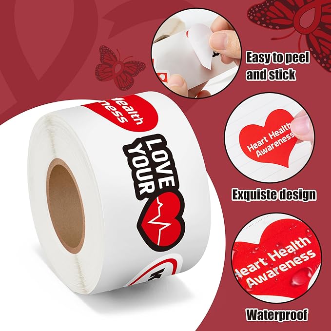 beyumi heart health awareness stickers - 1000pcs heart health awareness stickers in 2 rolls waterproof vinyl red ribbon decals school event campaign laptop bottle luggage decor
