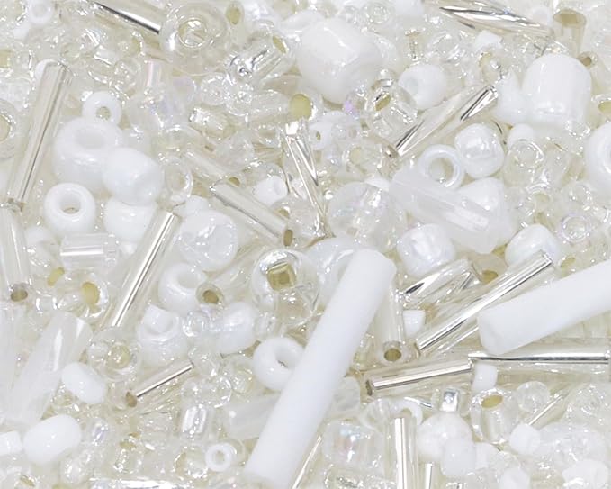 Mixed Craft Beads 1000Pcs/20g Glass Seed Beads Tube Beads Bugle Beads 1.5-4.5mm Small Loose Spacer Beads for DIY Bracelets Necklace Earring Jewelry Making (Silver White)