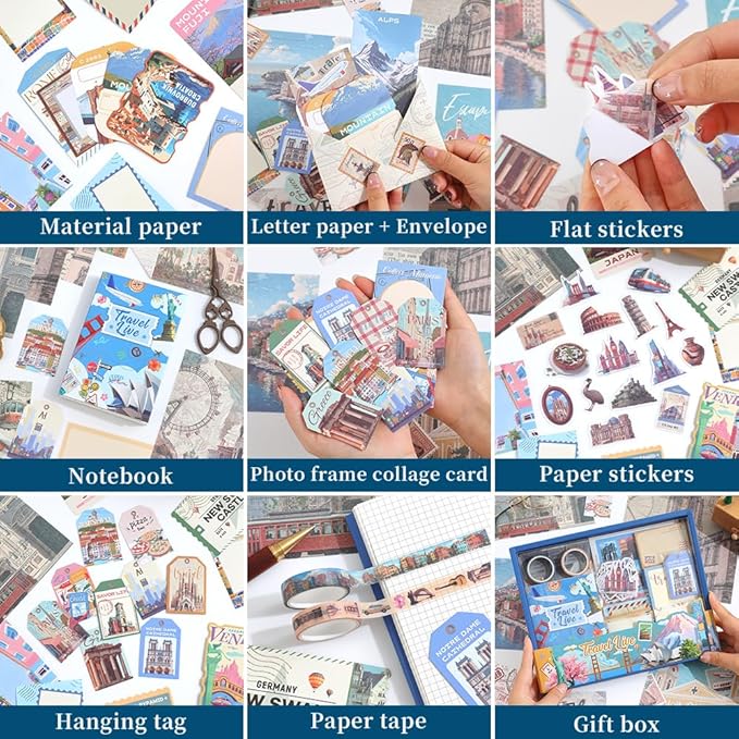 icceemee Scrapbooking Supplies Kit, Travel Diary Theme Scrapbooking Kit for Bullet Junk Journaling, Stationery, A6 Grid Notebook, Flower DIY Journaling Supplies, Birthday Craft Gift for Teen Girls