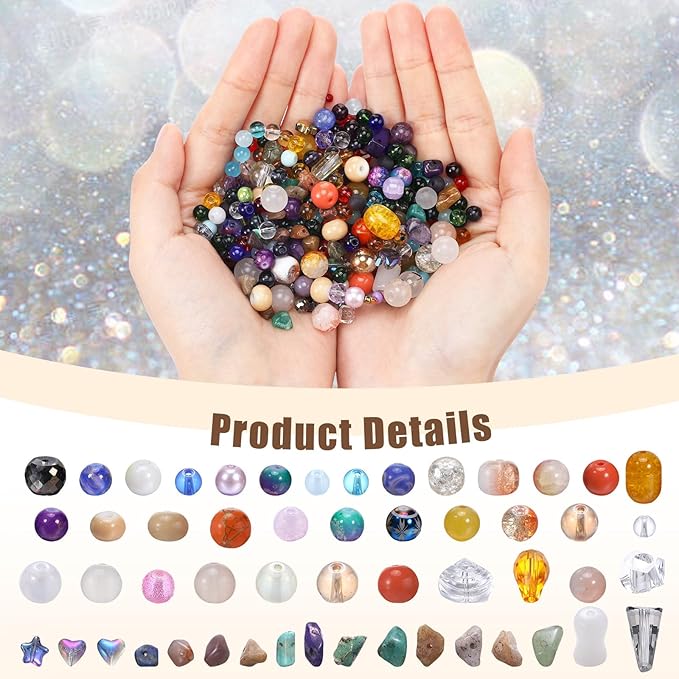 Sureio 1300 Pcs Assorted Glass Beads for Jewelry Making, About 0. 9 Pounds Multicolor Crystal Stone Beads Bulk, 5-13mm DIY Lamp Work Arts and Crafts Decorative Hobby Artistry Making Supply(Colorful)