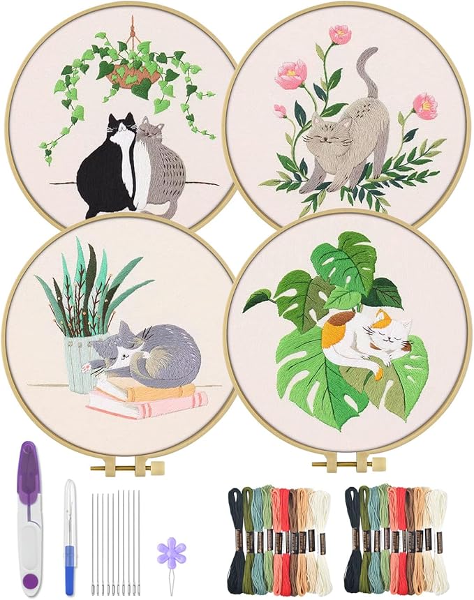 ERKOON 4 Sets Embroidery Kit for Beginners,Hummingbird and Flower Cross Stitch Set for Include Embroidery Cloth Hoops Threads for Craft Lover Hand Stitch (Cat)