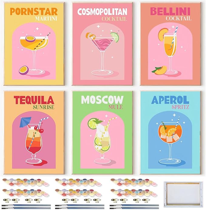 6 Pack Framed Cocktail Paint by Numbers Kit for Adults Beginner, DIY Acrylic Paint by Number Kits On Canvas, oil watercolor Painting kit , Arts and Crafts for Bar Party Room Wall Decor 8x12 inch