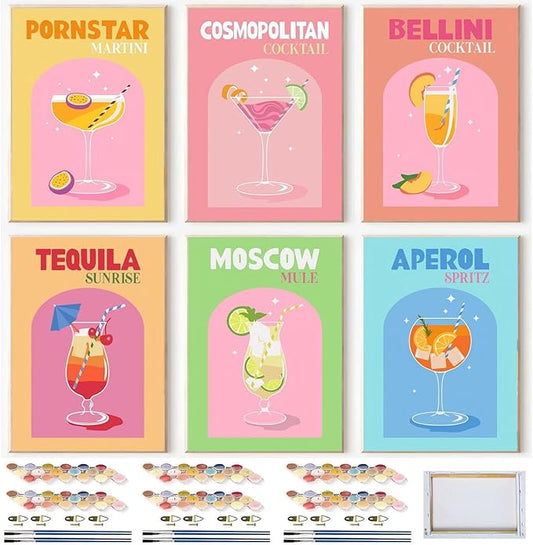 6 Pack Framed Cocktail Paint by Numbers Kit for Adults Beginner, DIY Acrylic Paint by Number Kits On Canvas, oil watercolor Painting kit , Arts and Crafts for Bar Party Room Wall Decor 8x12 inch