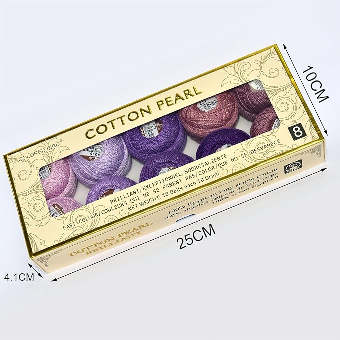 Double Mercerized Egyptian Long Staple Cotton Pearl Thread Ball 10 Grams Rainbow Color Embroidery Thread 10 Colors per Box for Crochet Hardanger Cross Stitch Hand Embroidery,Purple Series